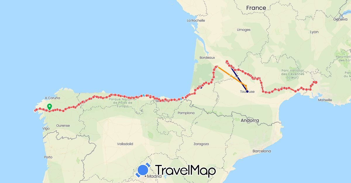 TravelMap itinerary: driving, bus, hiking, boat, hitchhiking in Spain, France (Europe)