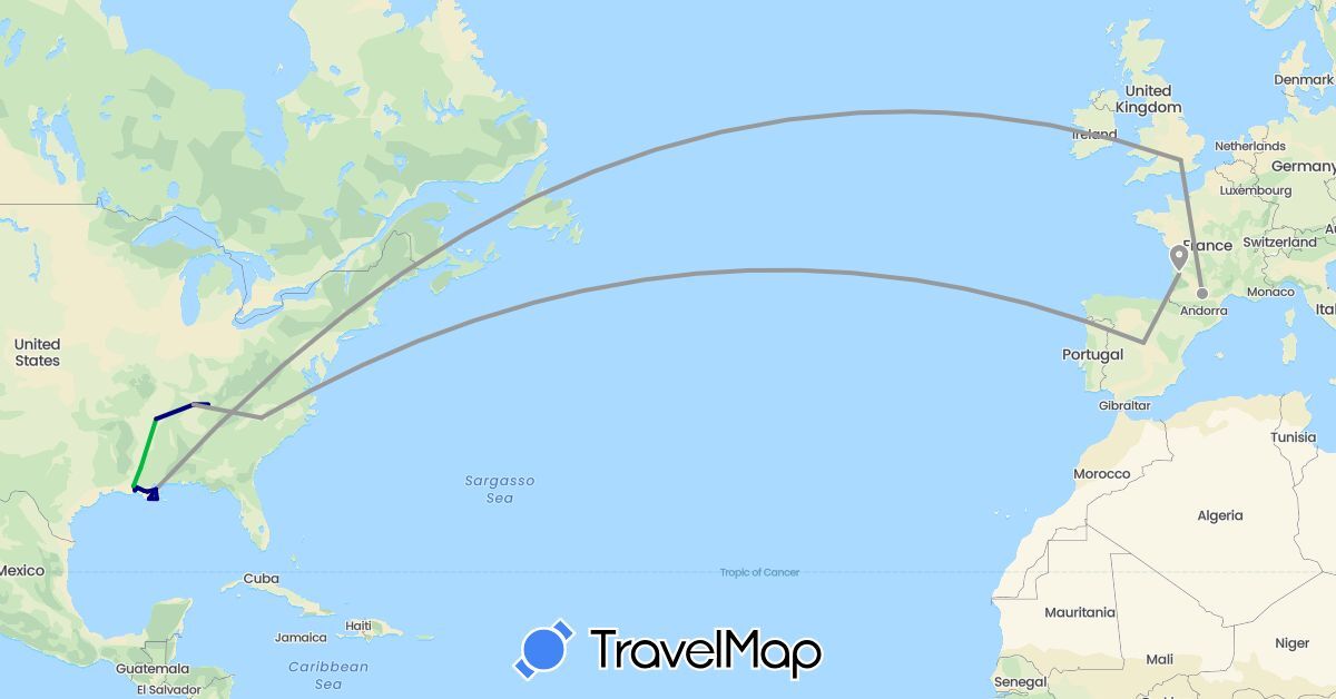 TravelMap itinerary: driving, bus, plane in Spain, France, United Kingdom, United States (Europe, North America)